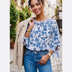 HAPTICS Coastal Chic Vintage Floral Print Blouse Bow Sleeves Navy Ivory WOMENS S